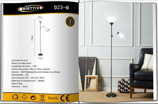 Lampada Piantana Led Da Terra 2 Luci E27 Braccio Flessibile Lettura Divano D23-N