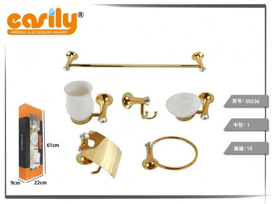 Set 6 Accessori Da Bagno In Acciaio Oro E Ceramica Bianca Cristalli In Acrilico