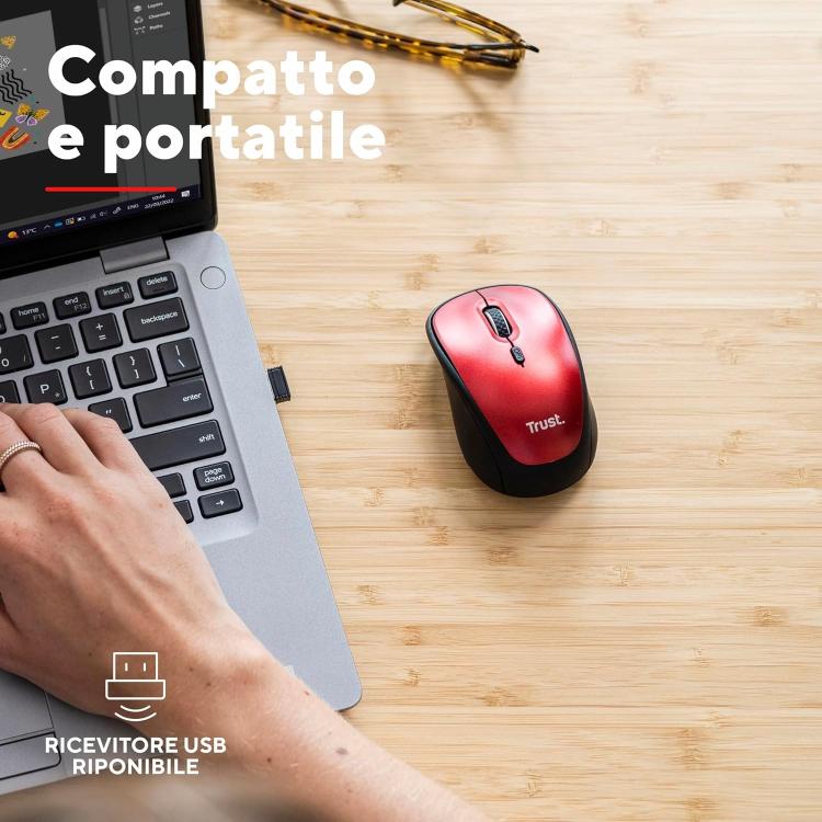 Trust Mouse Yvi+ Silent Wireless Compatto Ambidestro Ottico 1600 Dpi Eco Red