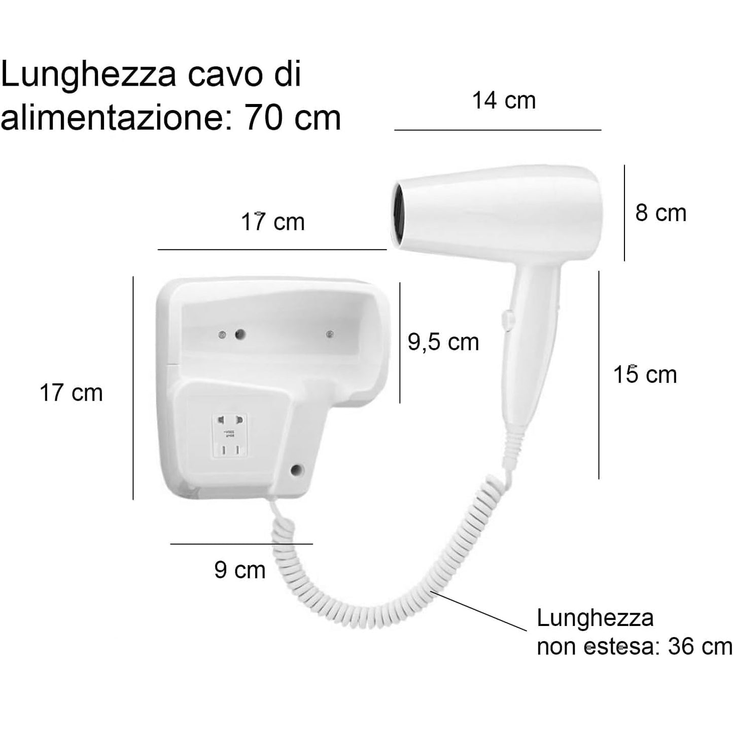 Asciugacapelli a Muro Phon Parete per Alberghi Hotel Bagno Spogliatoi Palestra