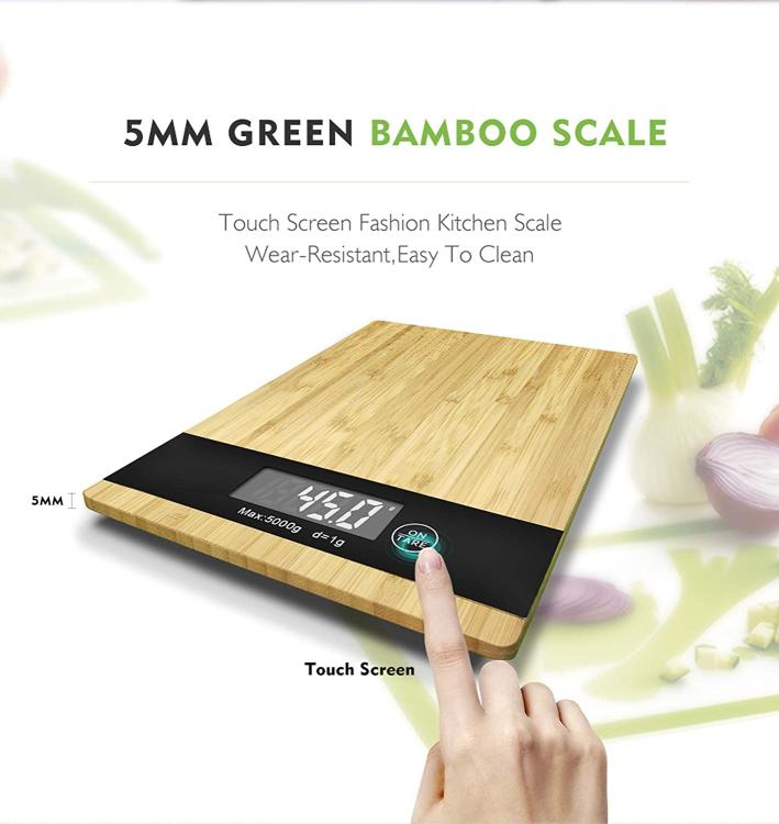 BILANCIA ELETRONICA DIGITALE DA PER CUCINA 1G -5KG CON PIATTO IN LEGNO VETRO LCD