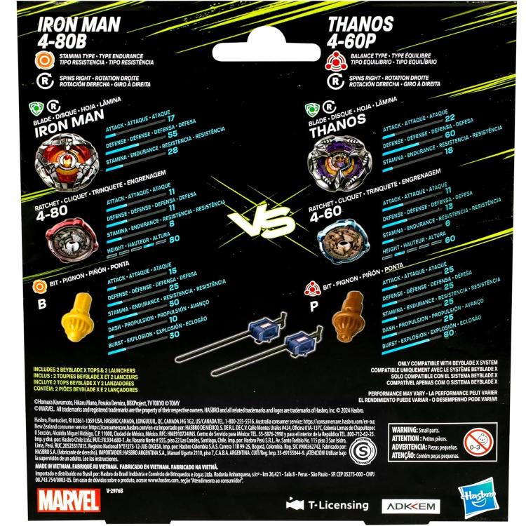 Hasbro - Beyblade X Marvel Confezione 2 Trottole Iron-Man 4-80B Vs. Thanos 4-60P