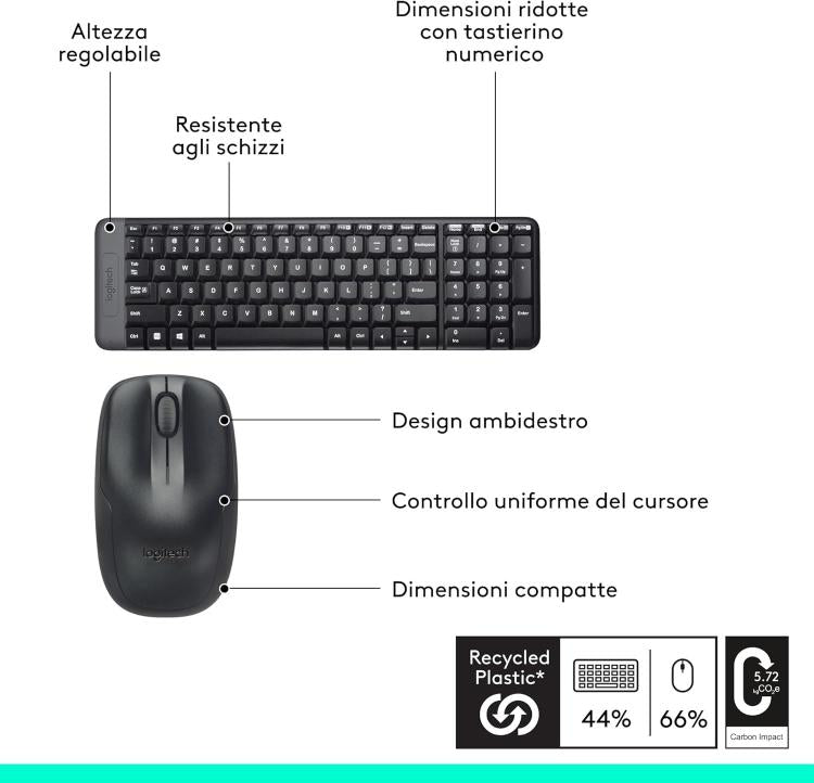 Logitech Mk220 Kit Tastiera E Mouse Wireless Computer Pc Layaout Italiano Qwerty