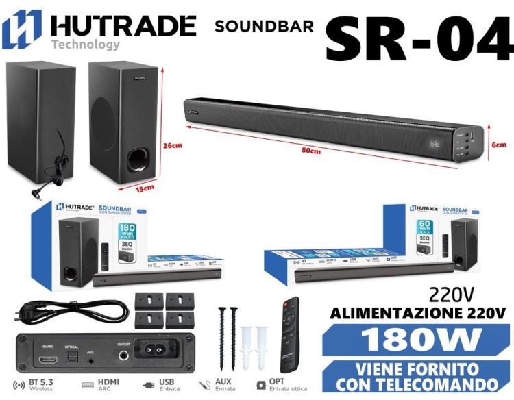 Hutrade Sr04 Soundbar 2.1 180W 220V Wireless Bt Hdmi Aux Ottica 60W Telecomando