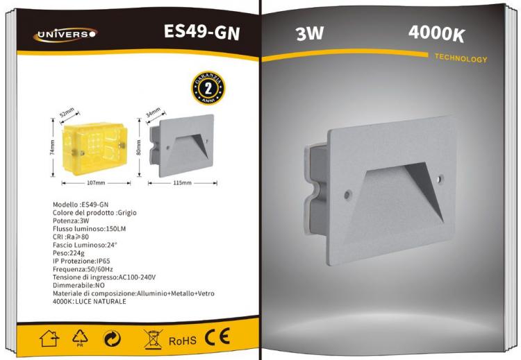 Faretto Segnapassi Ip65 Led 3W Incasso Scatola 503 X Scale Giardino 4000K/Grigio