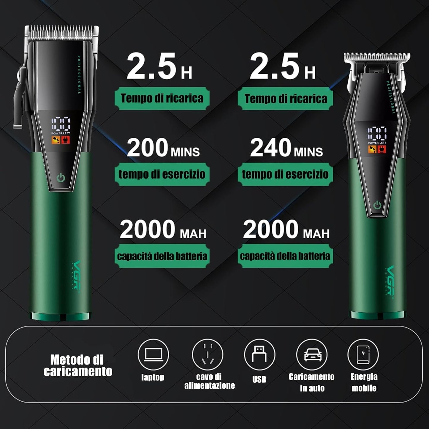 Vgr V-677 (Combo) Tagliacapelli e Rasoio Barba Clipper Trimmer Professionale Led per Barbieri Elettrico Ricaricabile