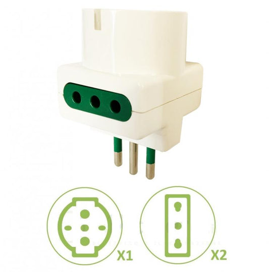 5pz ADATTATORE TRIPLA SPINA S11 P30 10A 2 PRESE BIPASSO 10/16A + 1 SCHUKO 10/16A