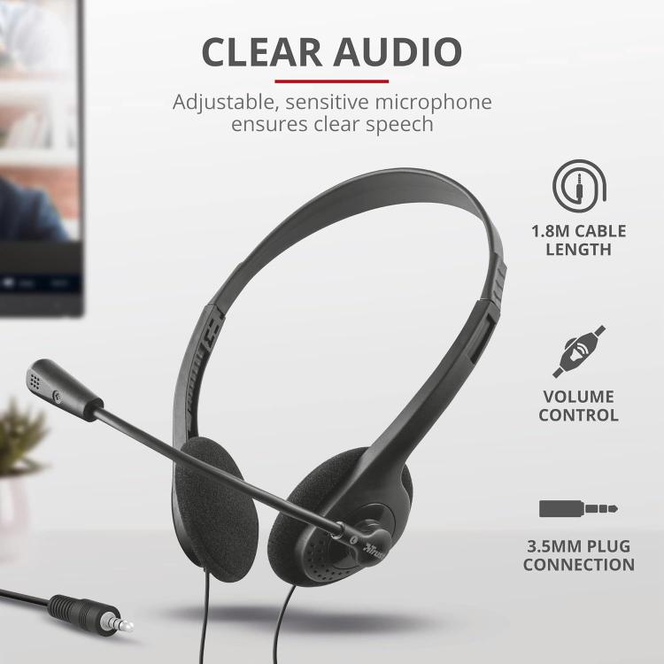 Trust Primo Cuffie Chat Microfono Leggere 3,5Mm Cavo 1,8M Auricolari Pc Ufficio
