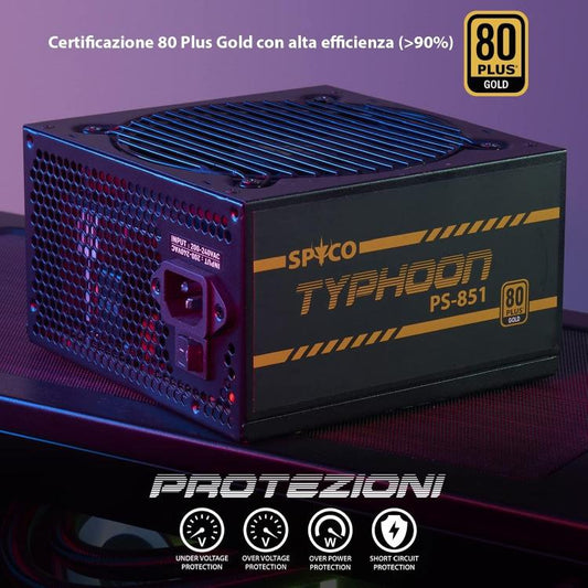 Spyco Typhoon Ps-851 Alimentatore Gaming 850W Modulare 80 Plus Gold Dc Cavi Flat