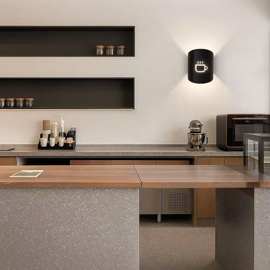 Universo - Applique da Parete Decorativo a Forma di (Tazza Caffè) - Lampada da Muro in Metallo con Attacco E27 per Arredo Casa, Cucina, Bar, Ristorante, Caffetteria, B&B - Nero