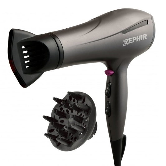 Zephir Asciugacapelli Elegance Professionale 2000W Phon Diffusore Grigio Zhb2001