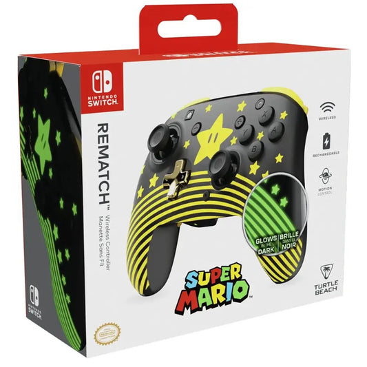 Turtle Beach - Rematch - Super Mario (Mario Star) Glow In the Dark - Controller da gaming wireless per Nintendo Switch 2, Funziona anche con Nintendo Switch/Oled/Lite - Pulsante C non disponibile.