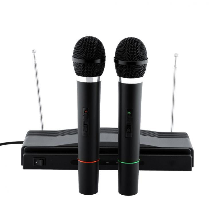 COPPIA MICROFONI PROFESSIONALI WIRELESS CON BASE CENTRALINA VHF BICANALI KARAOKE