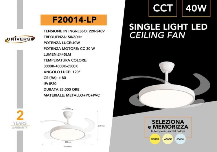 Ventilatore Da Soffitto E Plafoniera 40W Lampadario Led 3 Pale Wifi Telecomando
