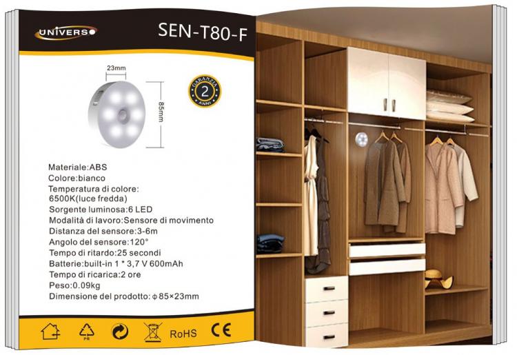 Lampada Led Con Sensore Di Movimento Ricaricabile Usb 6W Luce Fredda 6500K |T80F