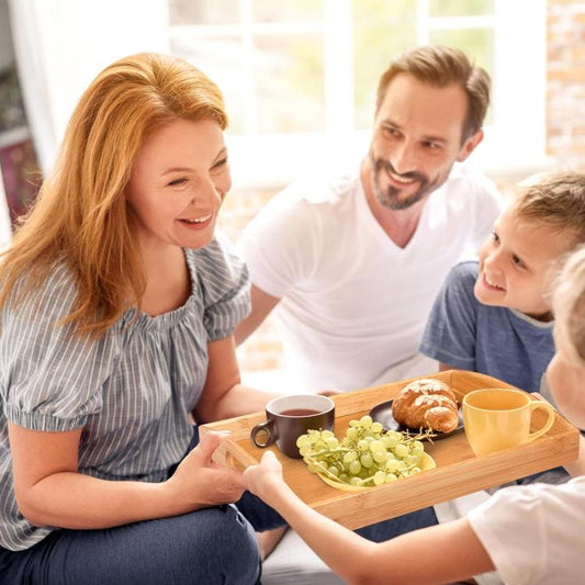 Vassoio Da Portata In Legno Bambù Con Manici Per Colazione A Letto Caffe 37X26Cm