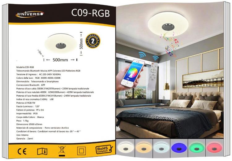 Plafoniera Led 62W Rgb-Bianco Dimmerabile Cassa Bluetooh Cielo Stellato| C09-Rgb