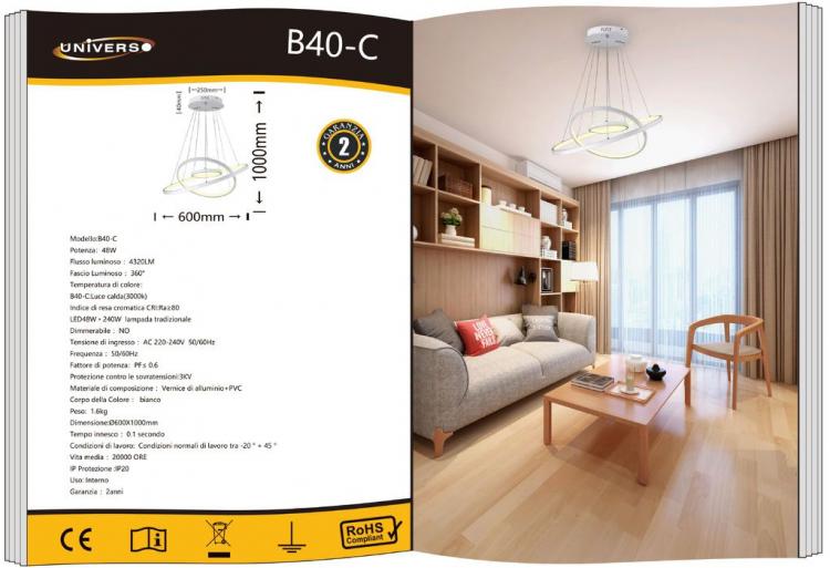 Lampadario Cerchi Soffitto Led A Sospensione Regolabile 48W 3000K/Bianco Caldo