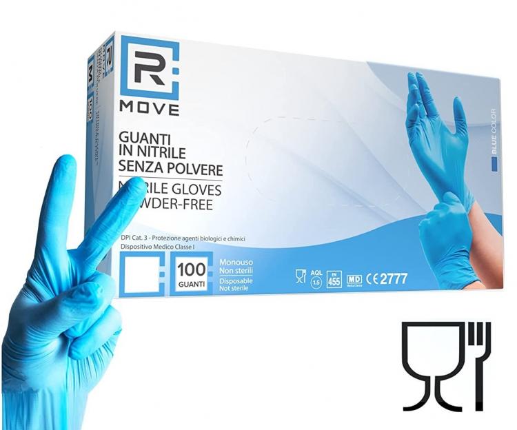 100 Guanti Monouso In Nitrile Blu Senza Polvere/Lattice Uso Medico E Alimenti L