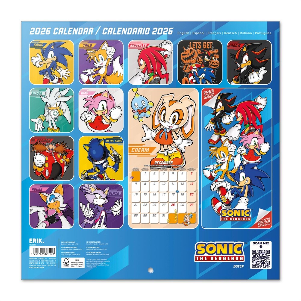 Calendario 2026 (Sonic) da Muro/Parete 30X30 con Gadget + Poster da Parete in Regalo - Licenza ufficiale