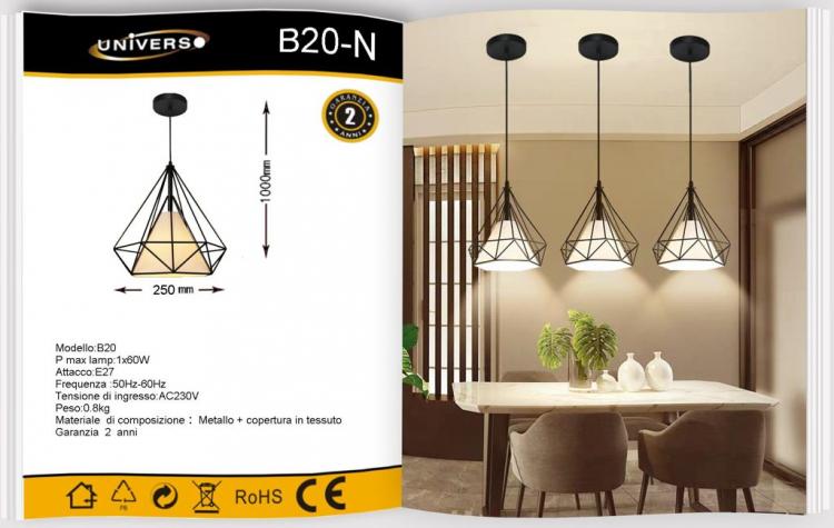 Lampadario Da Arredo Design Moderno Con Struttura Metallo Tessuto E27 Nero B20-N