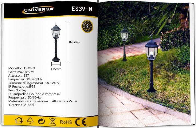 Lampione Da Giardino Terra 87Cm Lanterna Vetro E27 Luce Esterno Alluminio Nero