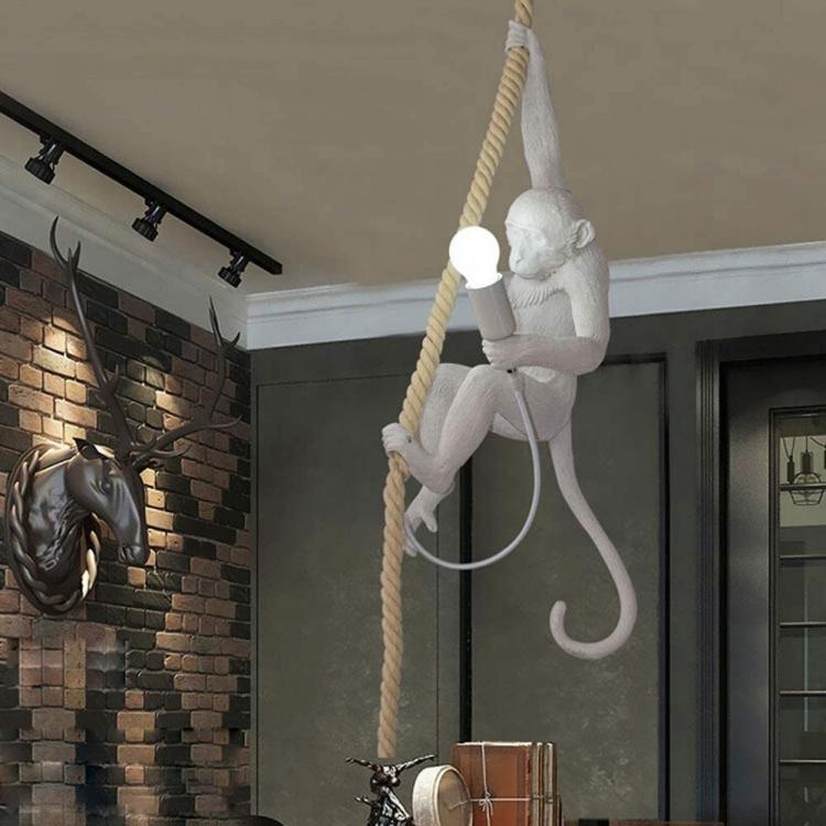 Lampadario Sospensione Scimmia Bianca Su Corda Canapa E27 Applique Pendente |B46