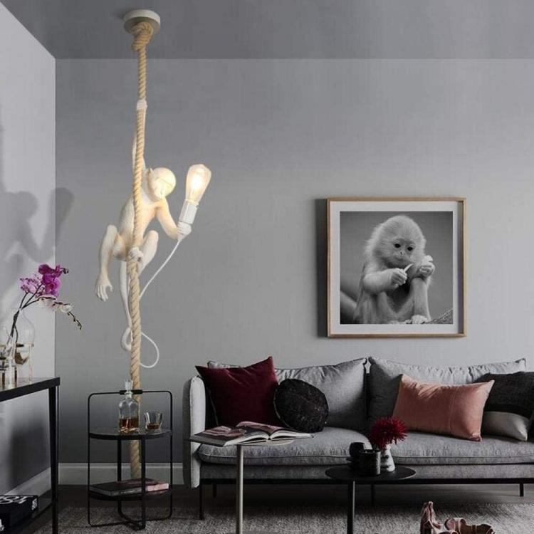 Lampadario Sospensione Scimmia Bianca Su Corda Canapa E27 Applique Pendente |B46