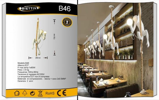 Lampadario Sospensione Scimmia Bianca Su Corda Canapa E27 Applique Pendente |B46