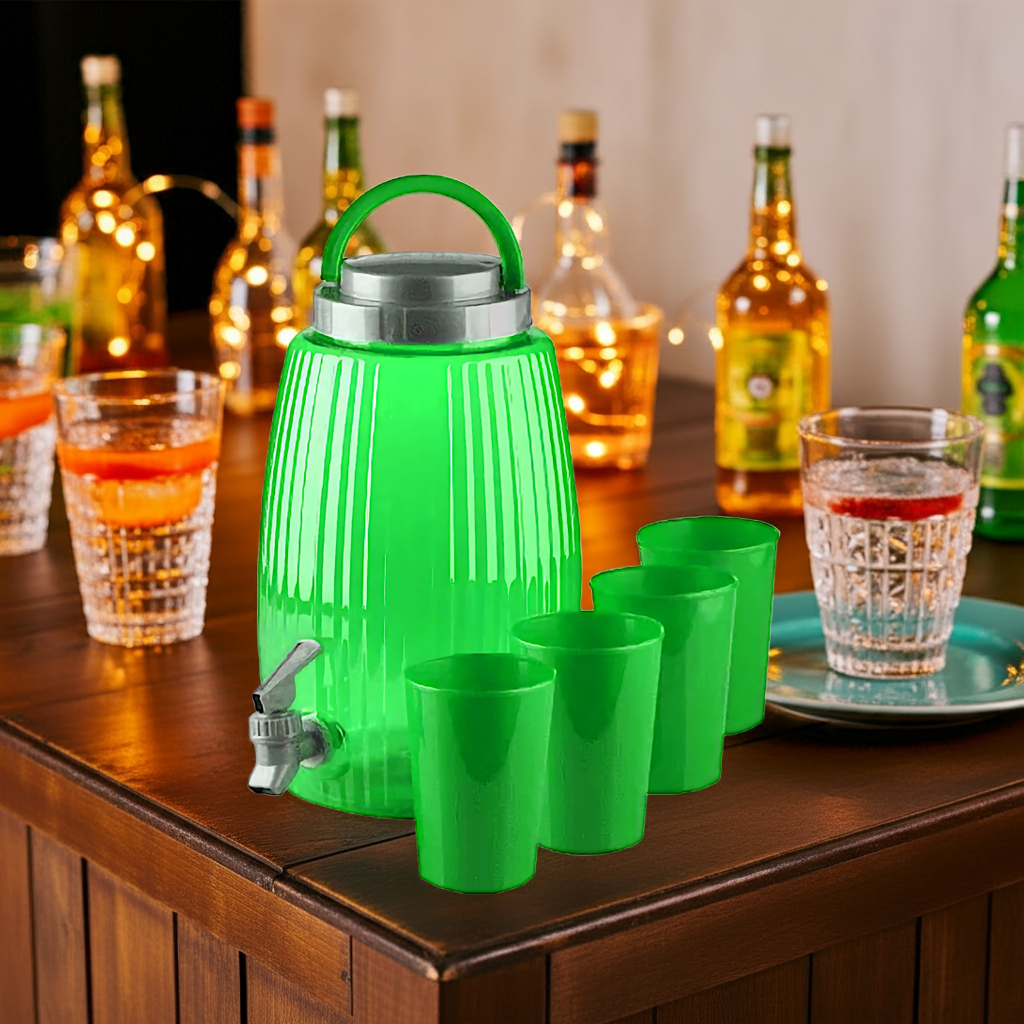 Dispenser Con Rubinetto Erogatore + 4 Bicchieri 4,7L Campeggio Picnic Ufficio