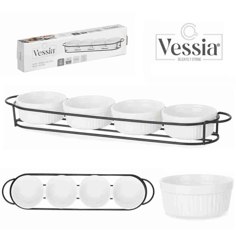 Set 4 Pezzi Antipastiera Porcellana Con Supporto Vassoio Aperitivo Ciotole Salse