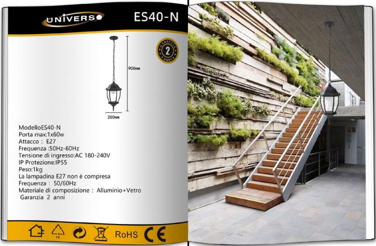 Lanterna Da Soffitto Sospensione Con Catena Lampada Giardino Attacco E27/Nero