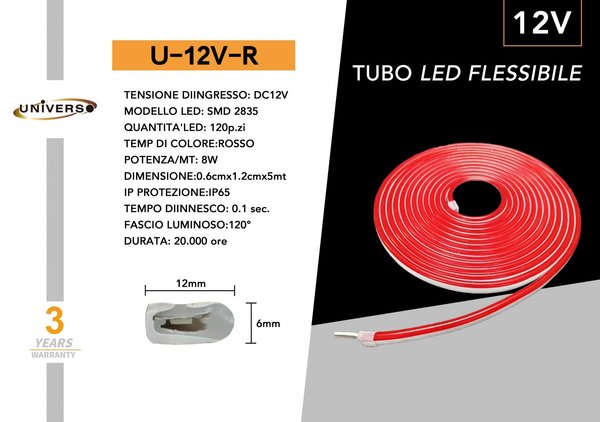 Kit 5M Striscia Strip Flex Led Bobina Neon Flessibile Tubo Esterno Rosso