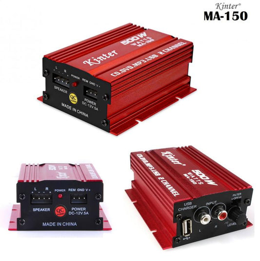 Mini Amplificatore Stereo A 2 Canali Auto 500W 12V Usb Sd Mp3 Fm Impianto Audio