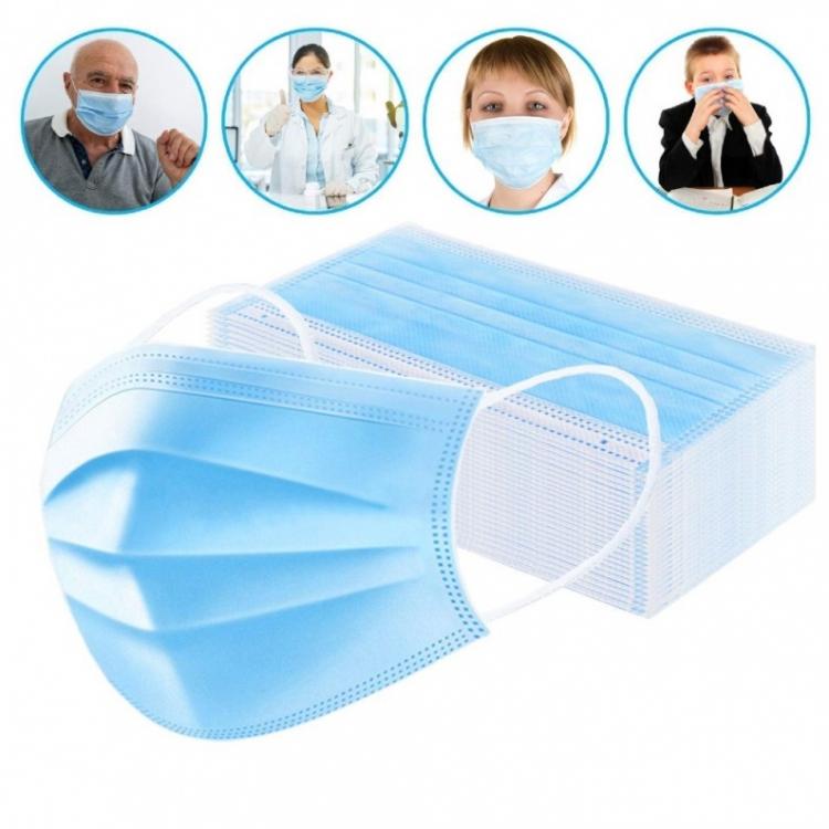 50 PZ MASCHERINE CHIRURGICHE MONOUSO FILTRANTI IN TNT AZZURRO 3 STRATI