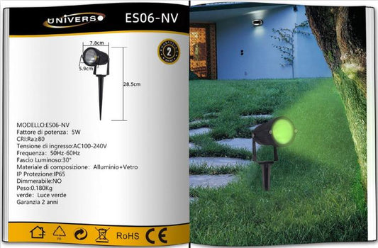Faretto Led 5W Da Esterno Con Picchetto Giardino Staffa Parete Proiettore Verde
