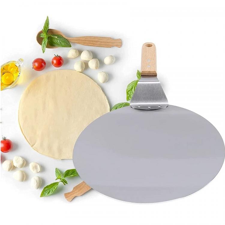 Spatola Per Pizza Manico Di Legno Pala Rotondo Paletta Acciaio Forno 49X30.5Cm