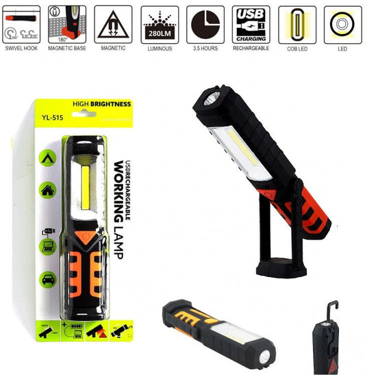 Lampada Torcia Lavoro Calamita Portatile Led Ricaricabile Da Officina Pesca Faro