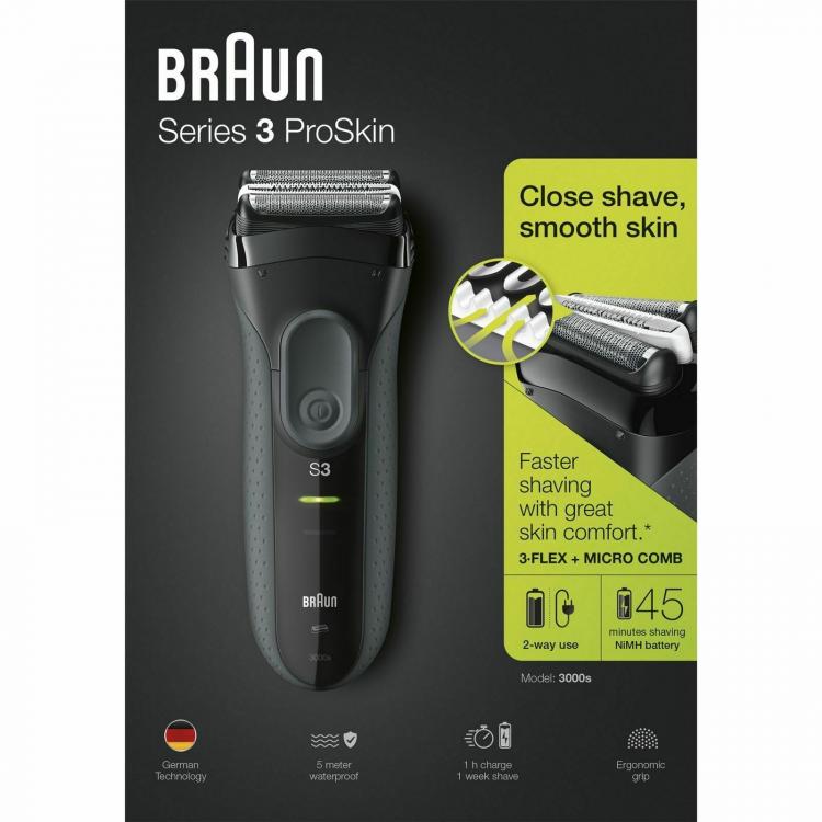 BRAUN RASOIO ELETTRICO SR3 PROSKIN 3000S RICARICABILE DISPLAY LED REGOLA BARBA