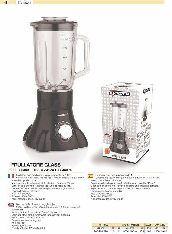 Frullatore Termozeta Glass Nero Caraffa In Vetro 1L 1 Litro 400 W - 2 Velocita'