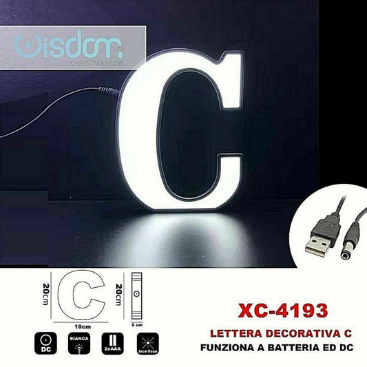 Lettera C Led Decorativa Luminosa A Batterie Natalizia Per Addobbi Luce Bianca