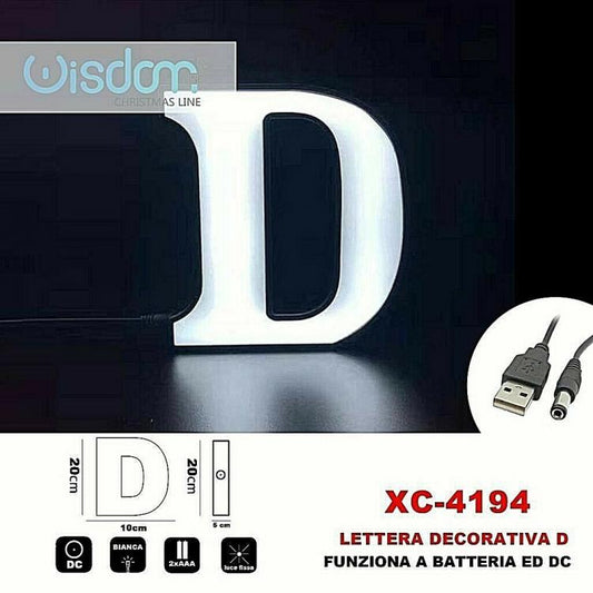 Lettera D Led Decorativa Luminosa A Batterie Natalizia Per Addobbi Luce Bianca