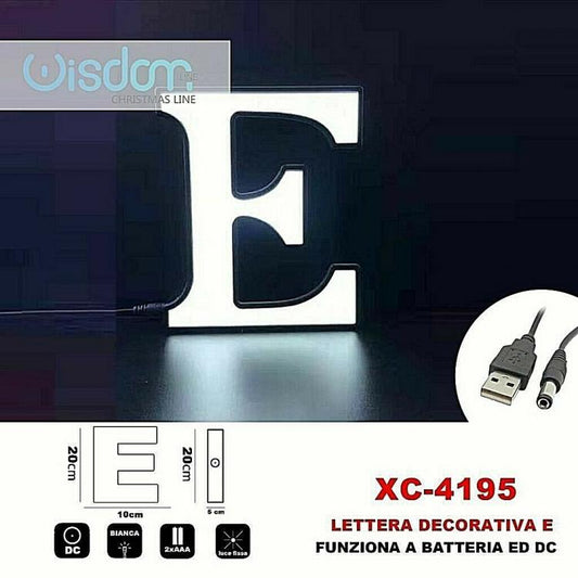 Lettera E Led Decorativa Luminosa A Batterie Natalizia Per Addobbi Luce Bianca