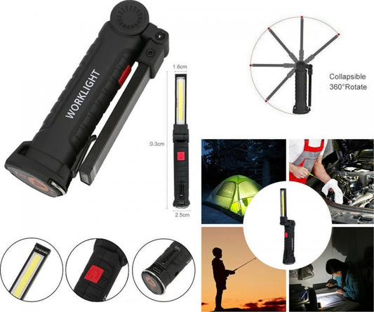 Lampada Torcia Led Lavoro Gancio Calamita Portatile Ricaricabile Officina Pesca