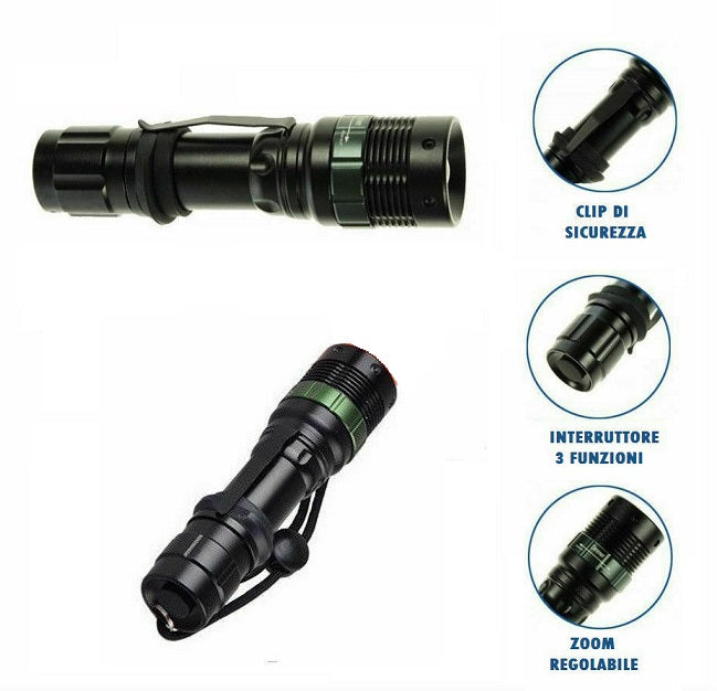 Torcia 100000 Lumen Tattica Militare Led Batteria Ricaricabile Zoom Metallo Mini
