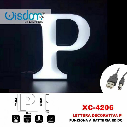 Lettera P Led Decorativa Luminosa A Batterie Natalizia Per Addobbi Luce Bianca