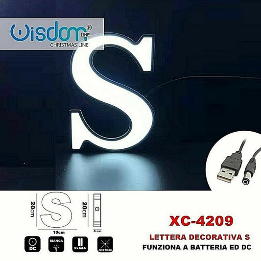 Lettera S Led Decorativa Luminosa A Batterie Natalizia Per Addobbi Luce Bianca