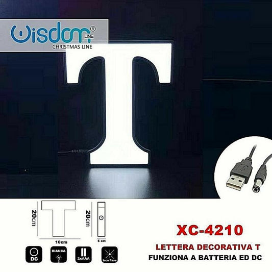 Lettera T Led Decorativa Luminosa A Batterie Natalizia Per Addobbi Luce Bianca