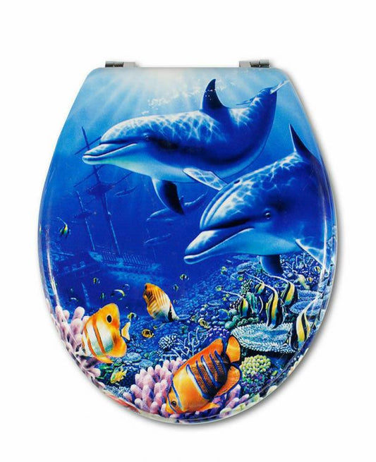 Copriwater Universale Con Stampa Legno Mdf Resistente Acciaio Wc Bagno (Delfini)