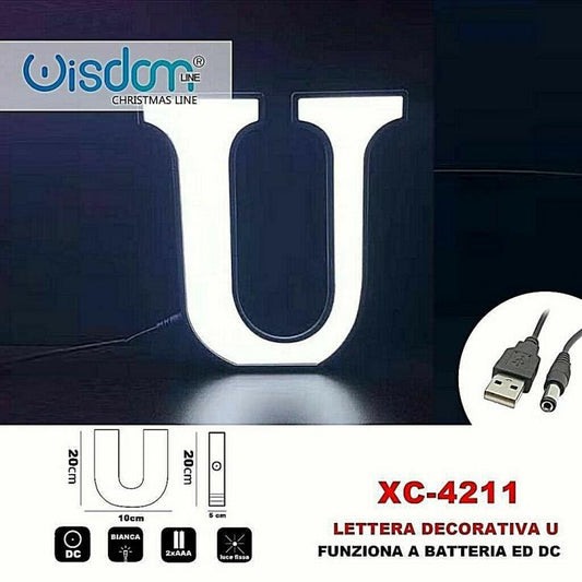 Lettera U Led Decorativa Luminosa A Batterie Natalizia Per Addobbi Luce Bianca